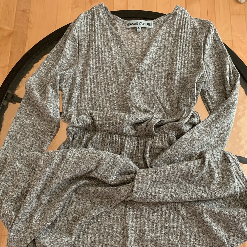 A-line Grey Trendy Ribbed Dress V-neck